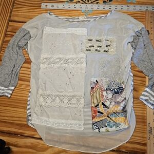 Anthropologie Patchwork Lace Blouse in Gray and Cream